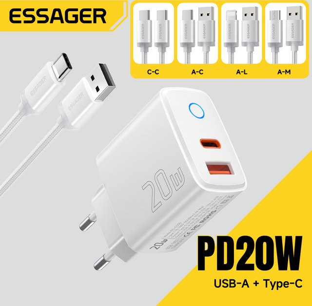 Essager PD 20W USB-C-Ladegerät-Set in Weiß mit Schnellladefunktion für iPhone und Smartphones - Bild 1