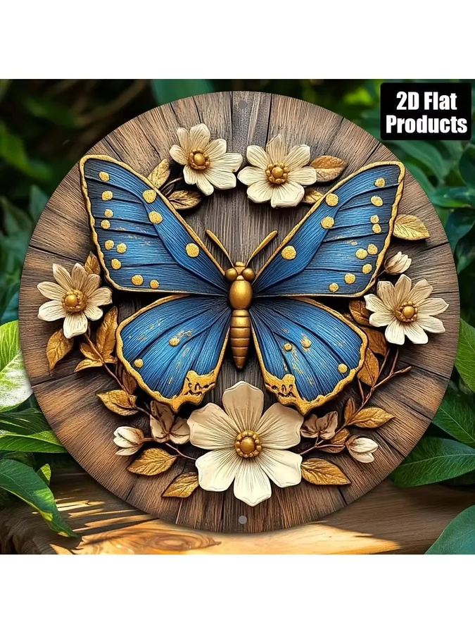 HELLOYOUNG Vintage Schmetterling Wandschild aus Metall in Blau, Runde Aluminium-Zinn Wanddekoration mit floralem Motiv, Durchmesser: 20,32 cm - Bild 5