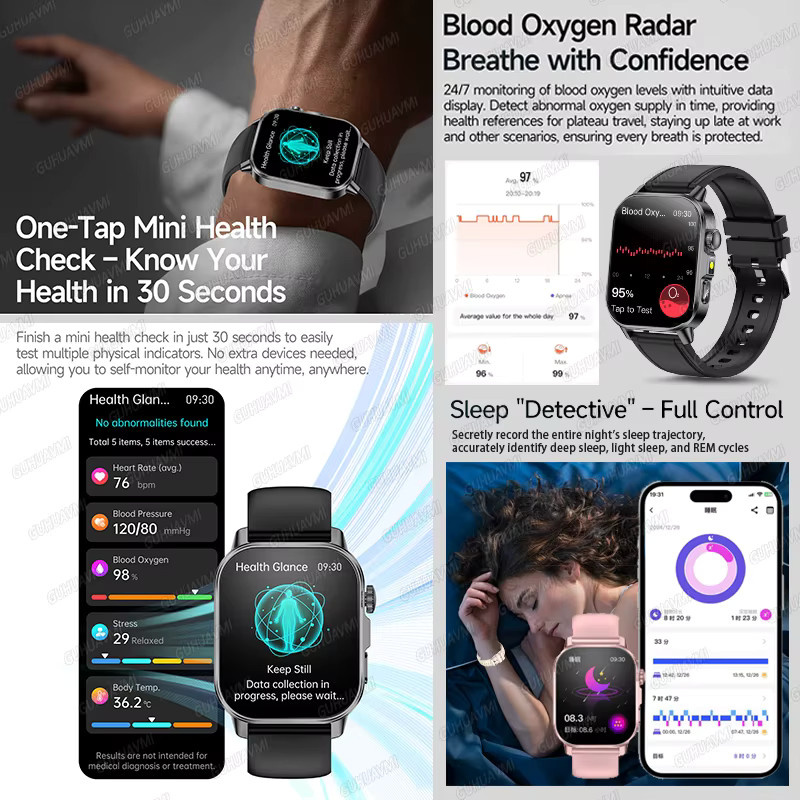 GUHUAVMI Smartwatch mit EKG und PPG zur Gesundheitsdiagnose für Männer und Frauen zur Körperanalyse von Blutdruck und Harnsäure in Schwarz oder Blau - Bild 4