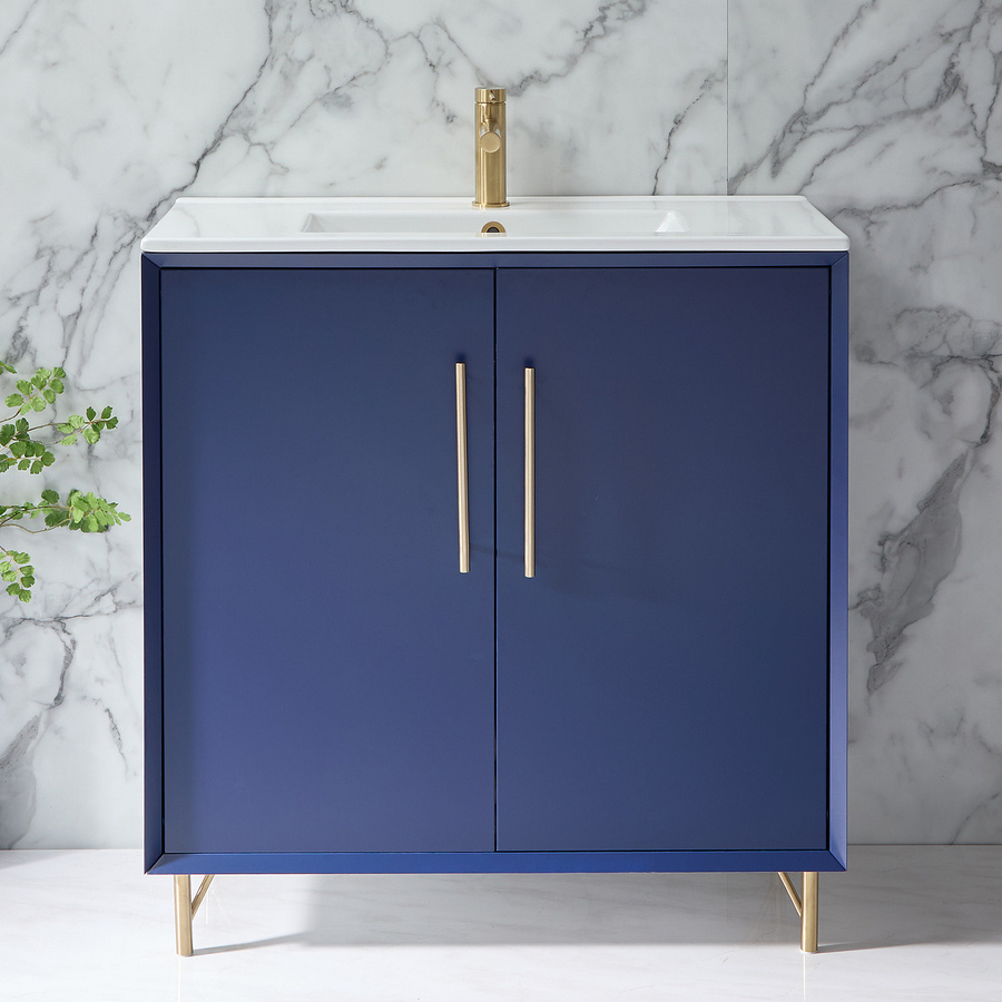 Waschtischunterschrank mit Waschbecken HudsonReed Edge in Dunkelblau mit goldenen Griffen und Soft-Close-Funktion, Breite: 81 cm - Bild 1