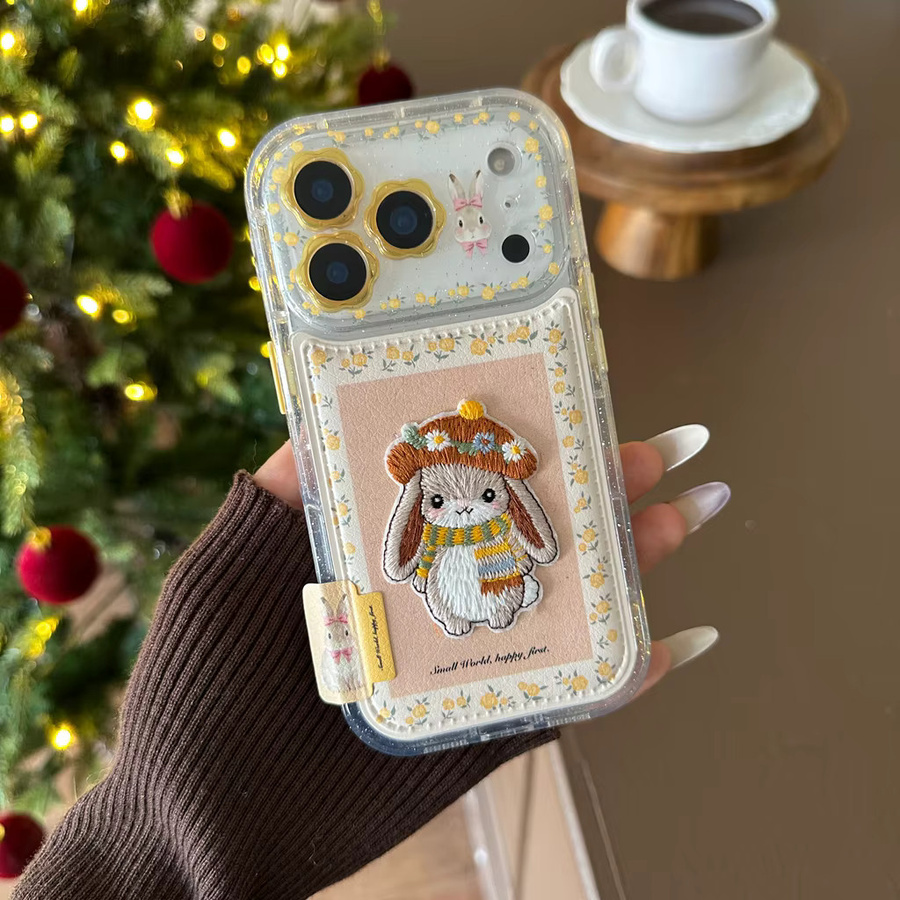 Handyhülle mit Stickerei und Plüschball im Kaninchen-Design mit gelber Blume und Lanyard für iPhone 17, 16, 15 und 14 Pro Max, Gelb/Mehrfarbig - Bild 3