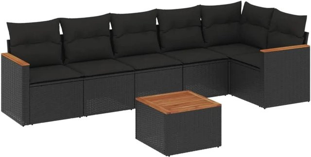 vidaXL 7-tlg Garten-Sofagarnitur aus Poly-Rattan und Akazienholz in Schwarz mit Kissen - Bild 1