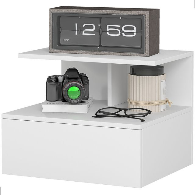 HOMCOM Wandmontierter Nachttisch mit Schublade und Fach, Beistelltisch in Weiß, B: 39,8 cm, T: 35 cm, H: 31,6 cm - Bild 1