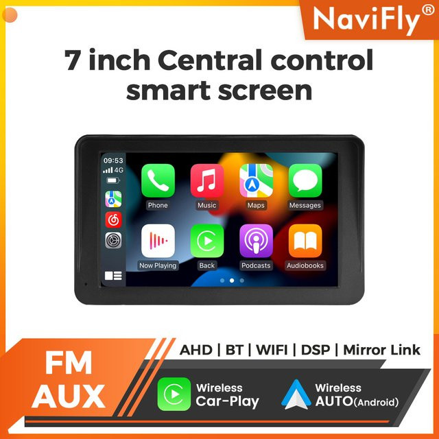 Navifly 7-Zoll Smart-Screen Autoradio mit kabellosem CarPlay und Android Auto, tragbarer Multimedia-Player in Schwarz mit AHD, Bluetooth und Wi-Fi - Bild 1