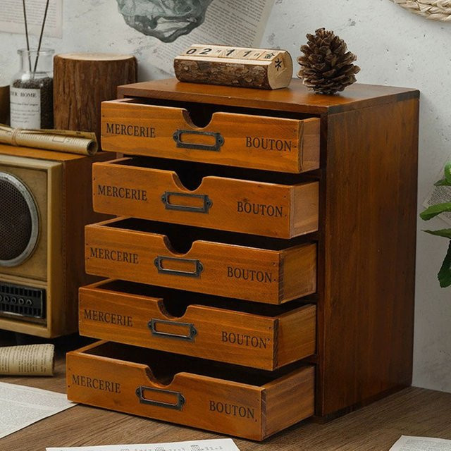 Retro Holz Aufbewahrungsbox für Kosmetik und Desktop-Zubehör in Rot und Braun - Bild 1