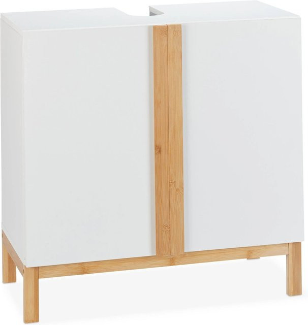 Relaxdays Waschbeckenunterschrank aus MDF und Bambus in Weiß und Natur mit Siphon-Aussparung und Höhenverstellbarkeit, B/T/H: 60 x 30,5 x 60,5 cm - Bild 1