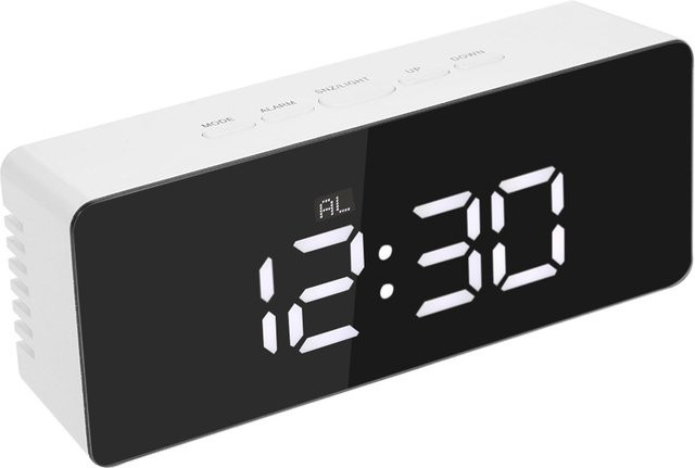 Tooarts Multifunktionaler Kunststoffspiegel mit LED-Nachtlicht, Thermometer, digitaler Wanduhr und Wecker in Weiß - Bild 1
