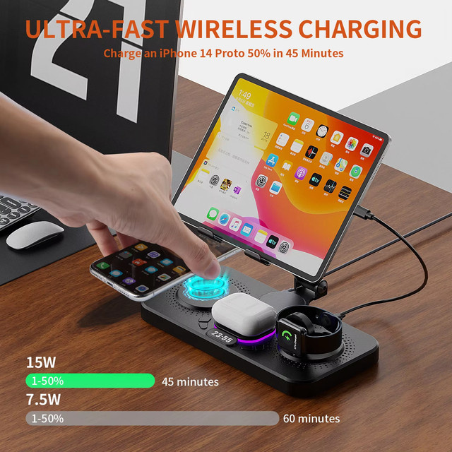 TIMESS 4-in-1 Kabellose Ladestation Schwarz: Faltbares multifunktionales magnetisches Schnellladegerät für iPhone 16, 15, iPad, iWatch und AirPods - Bild 1