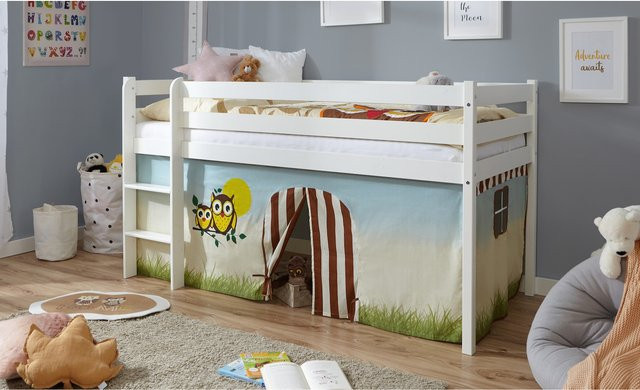 TiCAA Hochbett für Kinder aus Kiefernholz mit Vorhang Eule in Weiß - Bild 1
