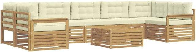 vidaXL Outdoor-Sofagarnitur aus Massivholz Akazie in L-Form mit 8 Teilen, Weiß und Beige - Bild 1