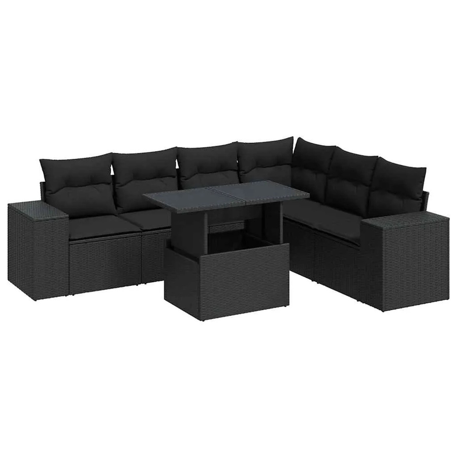 vidaXL 7-teilige Garten-Sofagarnitur in L-Form aus Poly-Rattan mit Kissen in Schwarz - Bild 2
