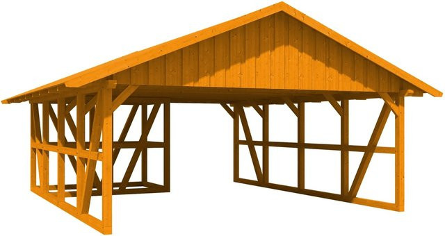 Skan Holz Carport Schwarzwald aus Fichtenholz mit Dachschalung und Abstellraum in Eiche Hell, Breite: 684 cm, Tiefe: 772 cm - Bild 1