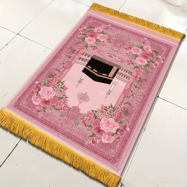 VIKAMA Faltbare Muslimische Gebetsmatte in Rosa mit floralem Orient-Design und Quasten für Outdoor und Reise - Bild 1