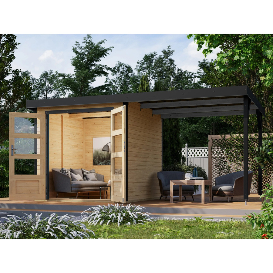 Karibu Gartenhaus Set Ernesto A in Anthrazit mit Anbaudach aus Fichtenholz und Metall mit 4,45 m² - Bild 2