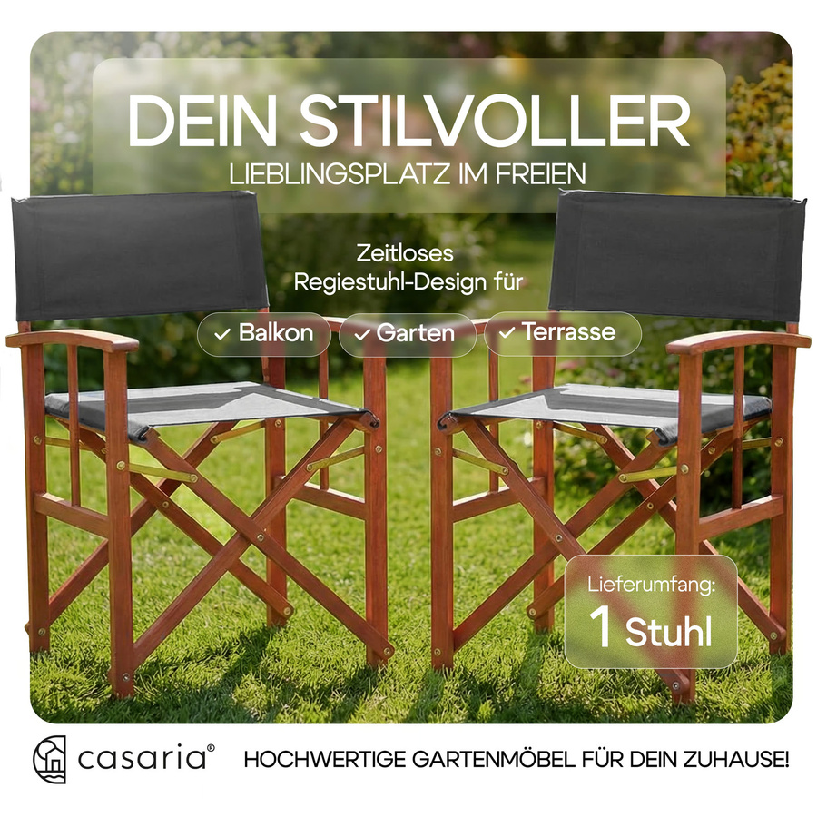 CASARIA Regiestuhl aus FSC-zertifiziertem Eukalyptusholz in Anthrazit mit UV-beständigem Polyester und Armlehnen, klappbar bis 160 kg Belastbarkeit - Bild 2