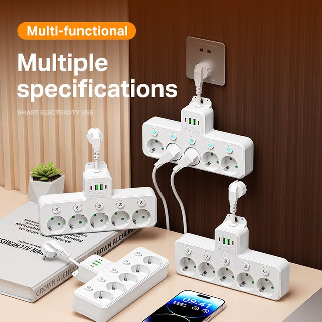 Szaoju Steckdosenleiste in Weiß mit 4/5-fach Mehrfachsteckdose, EU-Stecker und 2 USB-Anschlüssen inklusive Schalter - Bild 1