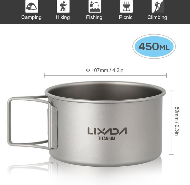 Lixada Camping-Schüssel aus Titan in Silber mit klappbaren Griffen für Outdoor, Wandern und Rucksackreisen - Bild 1