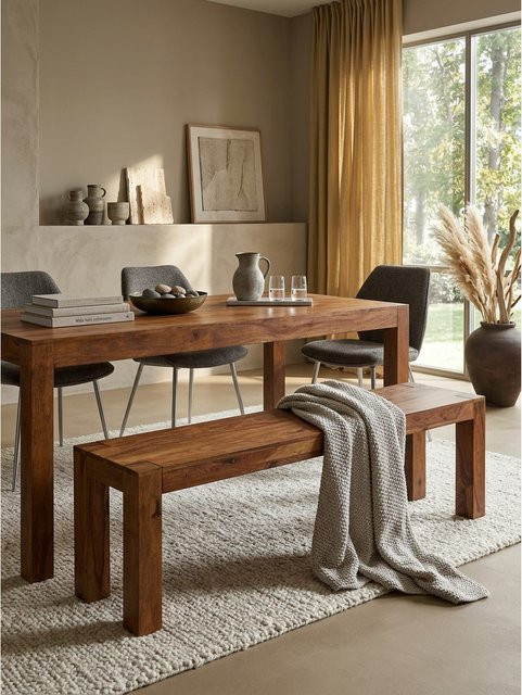 Esszimmerbank MUMBAI von KADIMA DESIGN aus Massivholz im Landhausstil, Braun, B/T/H: 120 x 35 x 45 cm - Bild 1