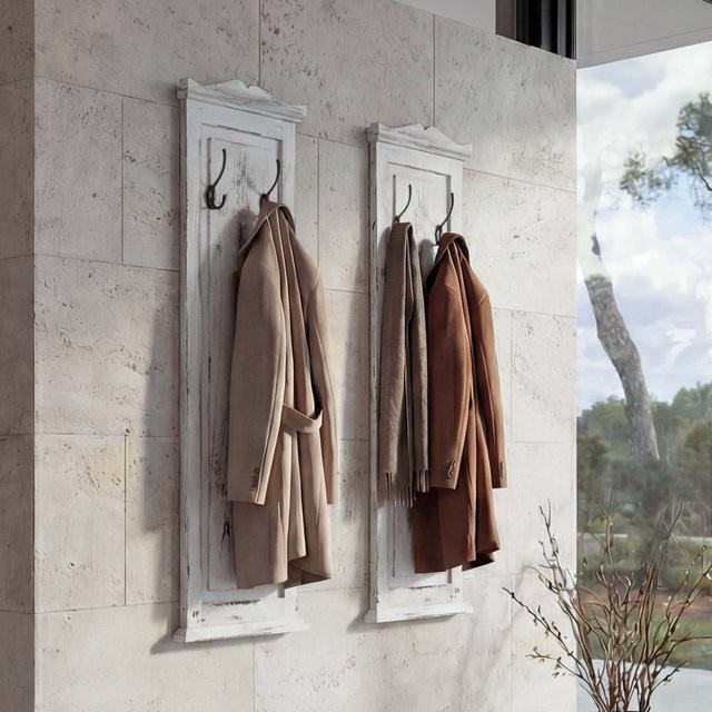 MCW 2er-Set Wandgarderobe H33 aus Paulowniaholz in Weiß Shabby, B/H/T: 109 x 33 x 28 cm - Bild 1