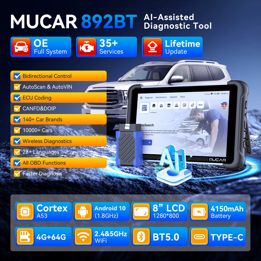 MUCAR 892BT Schlüsselprogrammiergerät AI Kfz-Diagnosetool mit bidirektionalem OBD2-Scanner, ECU-Codierung, CANFD und DOIP, 35 Reset-Funktionen, Farbe: Schwarz - Bild 2