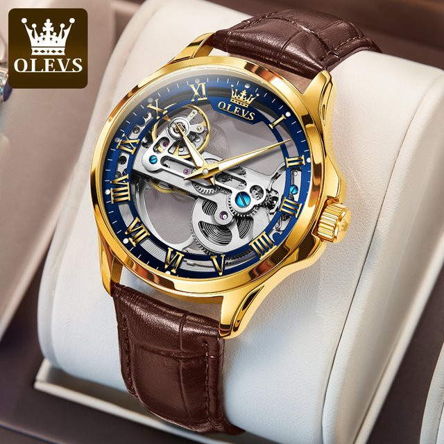OLEVS Armbanduhr Automatik, Leder, Gold, Blau, Herren - Bild 1