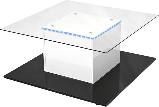 okwish Couchtisch modern in Weiß mit Schwenkrädern und Glasplatte B/T/H: 80 x 80 x 40 cm - Bild 1