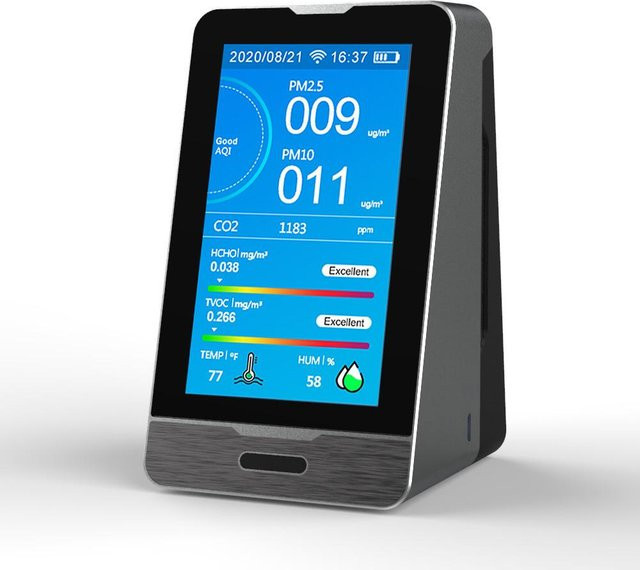 Kkmoon DM73B Tuya WiFi Luftqualitätsmonitor mit 4,3 Zoll LED-Anzeige für PM2.5 PM1.0 PM10 Temperatur Feuchtigkeit CO2 HCHO TVOC in Schwarz - Bild 1