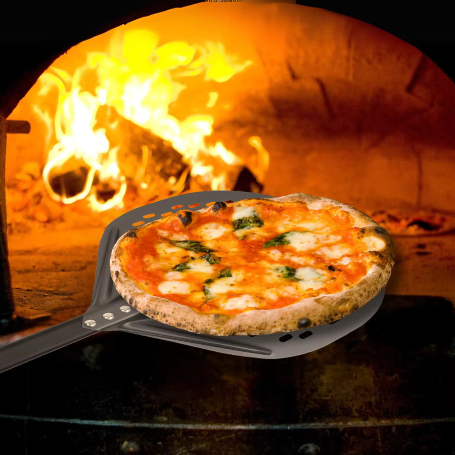 HEXINGYUAN Pizzaschaufel aus perforiertem Aluminium in Schwarz mit abnehmbarem Griff, 12 Zoll, antihaftbeschichtet und kratzfest, rund - Bild 2
