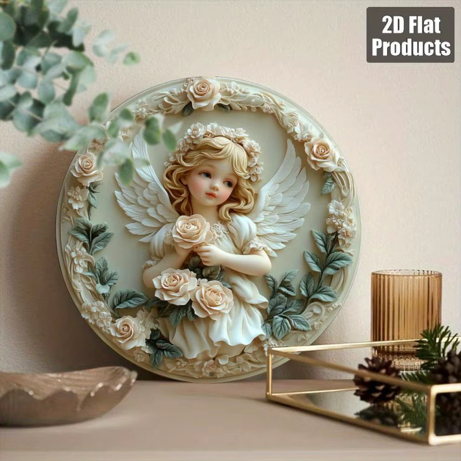HELLOYOUNG Baby-Engel Wandkunst aus Metall mit floralem Schmetterlingsdesign, rund, Mehrfarbig, Durchmesser: 20 cm - Bild 2