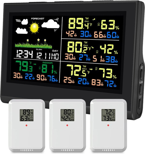 Urageuxy Kabellose Wetterstation in Schwarz mit 5,3 Zoll Bildschirm, 3 Sensoren, Hygrometer und Thermometer für Innen- und Außentemperatur sowie Weckfunktion - Bild 1