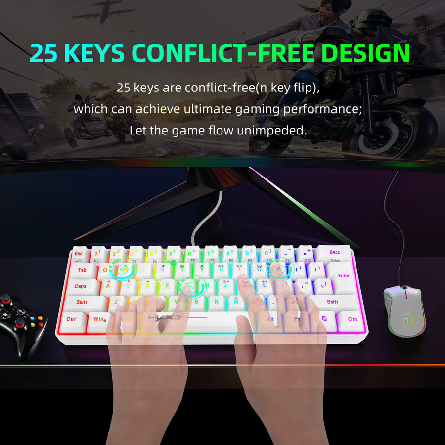 HXSJ Mini-Gaming-Tastatur mit 61 Tasten, kabelgebundene Membrane-Tastatur mit RGB-Beleuchtung in Weiß/Multicolor - Bild 2