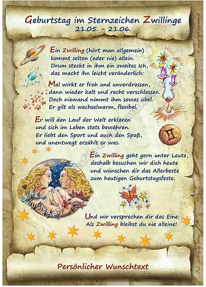Geburtstagsurkunde Sternzeichen Zwillinge von tantum graphic in Mehrfarbig auf Papier - Bild 1