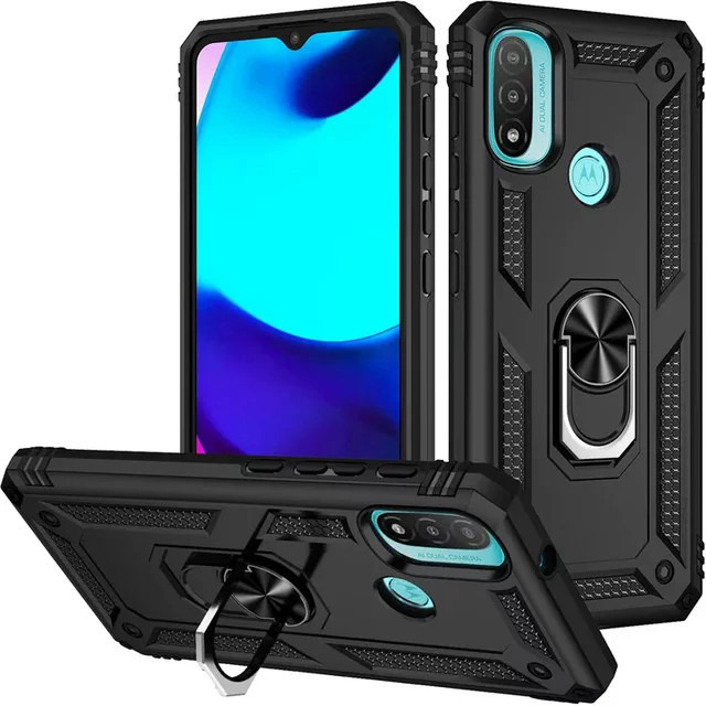 Stoßfeste Panzerhülle mit Magnet-Autohalterung und Ring für Motorola Moto E20, E30, E40 und E32 in Schwarz oder Blau - Bild 1