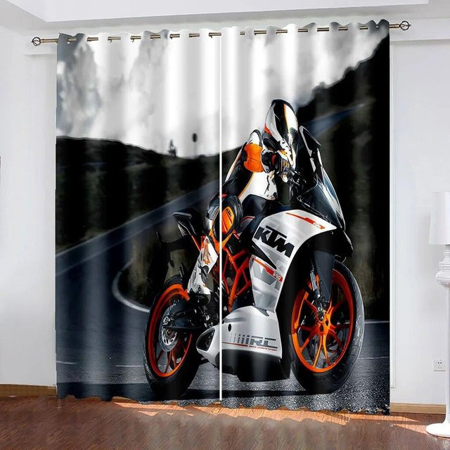 Motorrad bedruckte Vorhänge von A Family Of Home Textiles, 2er Set halbverdunkelnde Fensterdekoration mit Ösen, Mehrfarbig, Breite: 50 cm, Höhe: 130 cm - Bild 1