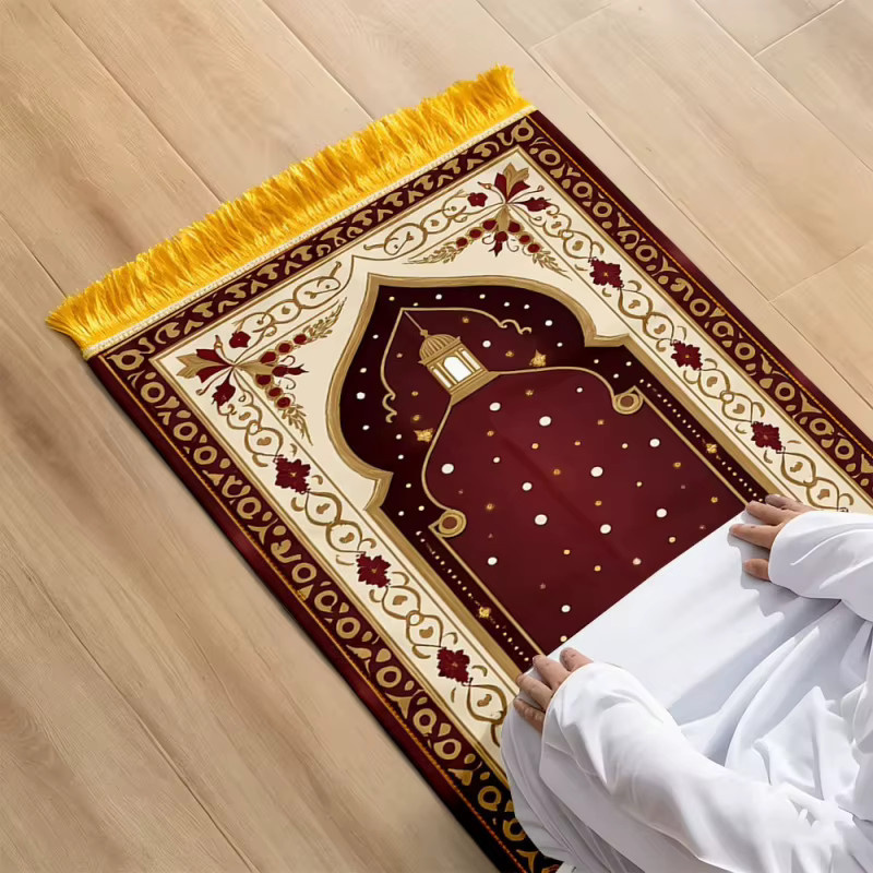 VIKAMA Islamischer Gebetsteppich mit Halbmond-Bogen Design in Multicolour, weich und faltbar - Bild 2