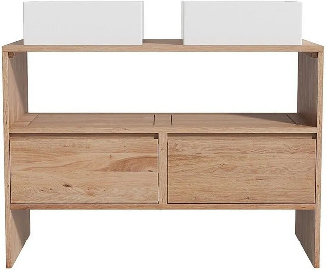 Cavizo Doppelwaschtisch aus Massivholz Eiche und Keramik in Naturfarben Hell B: 110 cm, T: 50 cm, H: 78 cm - Bild 1