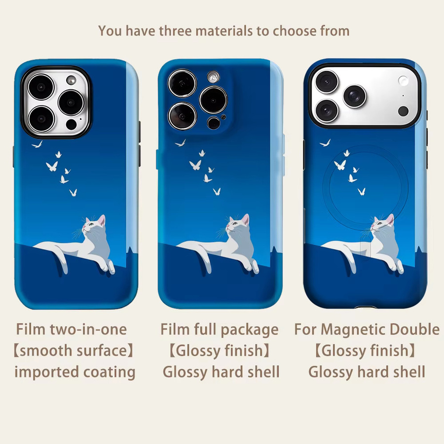 Robuste magnetische Handyhülle mit weißem Katzenmotiv für iPhone 17 16 15 14 13 Pro Max Plus in Weiß und Blau - Bild 2