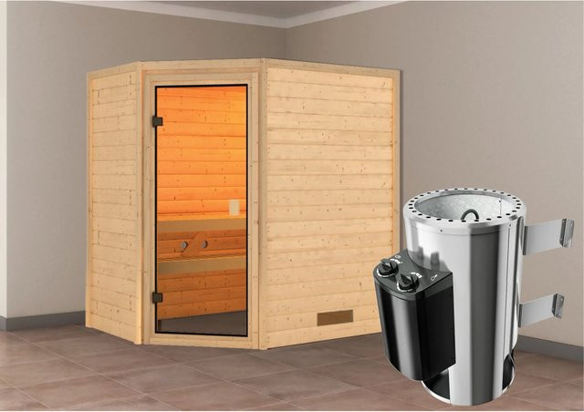 Karibu Massivholzsauna Jella aus Fichte in Natur mit integriertem 3,6 kW Ofen und Steuerung, B/T/H: 195 x 145 x 187 cm - Bild 1