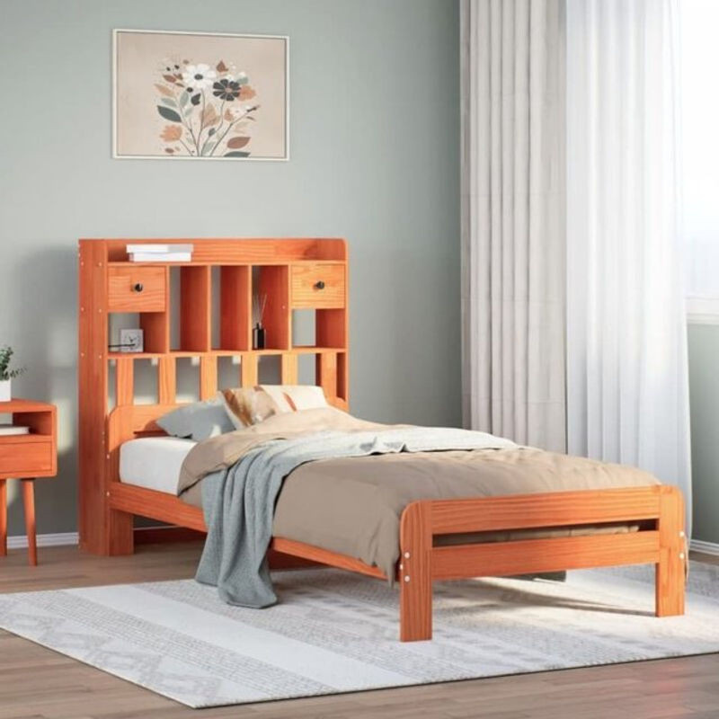 Massivholzbett aus Kiefer mit Regal in Braun von Vidaxl, B/L: 75 x 190 cm - Bild 1