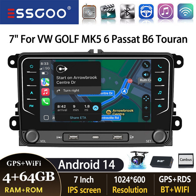 ESSGOO Android 14 Autoradio mit 7 Zoll Display, 64GB, Schwarz, für VW Golf 5/6, Passat, Polo 6R, Touran, Tiguan, Caddy, EOS, Jetta sowie Seat und Skoda, mit kabellosem CarPlay, Android Auto, GPS, WiFi, Bluetooth und USB - Bild 1
