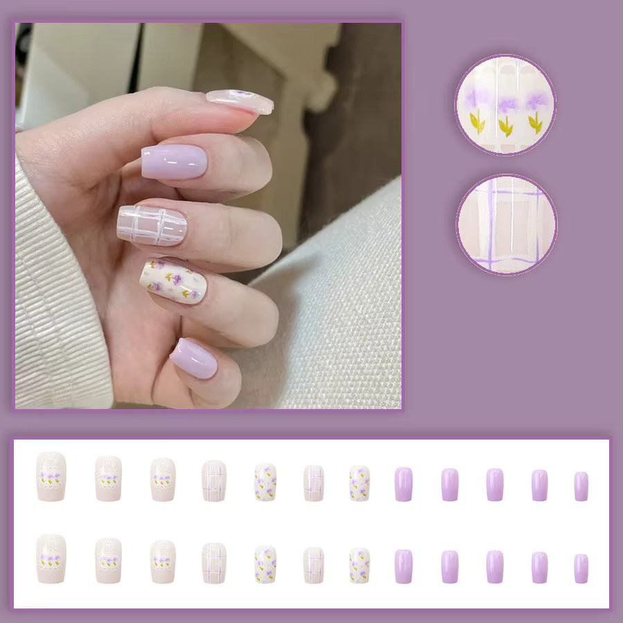 Künstliche Nägel mit Blumenmuster, quadratisch, Nude Rosa Lila Weiß, Glänzend - Bild 2