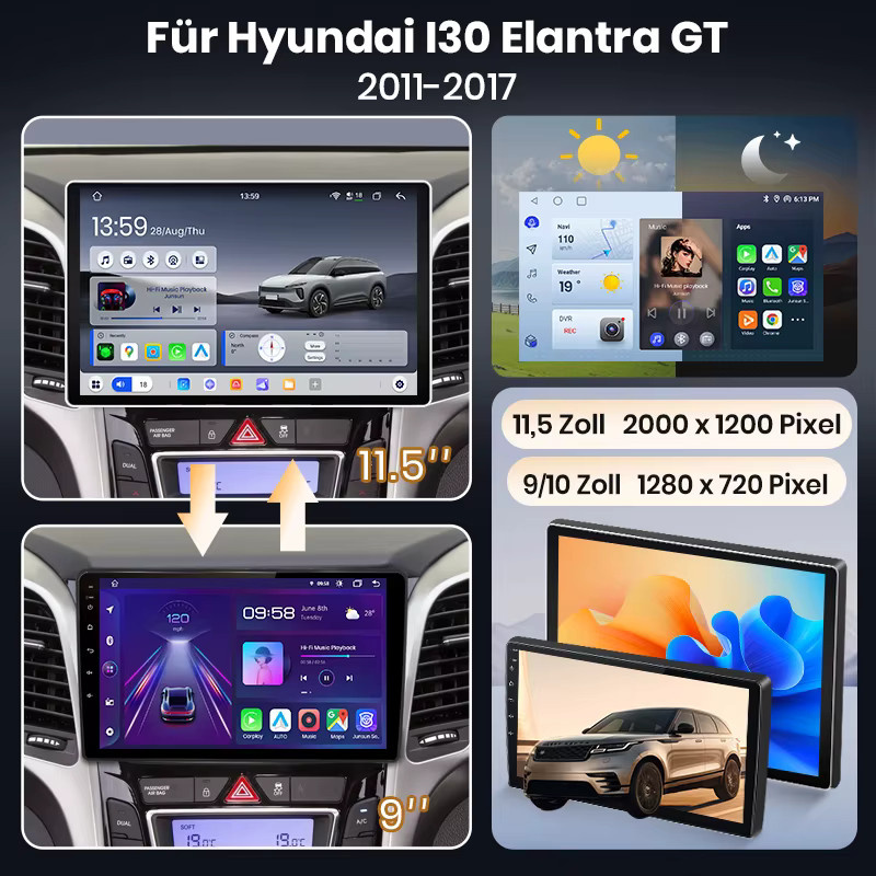 Junsun Android 15 Autoradio mit 9 Zoll Display für Hyundai i30 II und Elantra GT 2011-2017, kabelloses Apple CarPlay, Multimedia-Videoplayer in Schwarz, 2-DIN - Bild 2