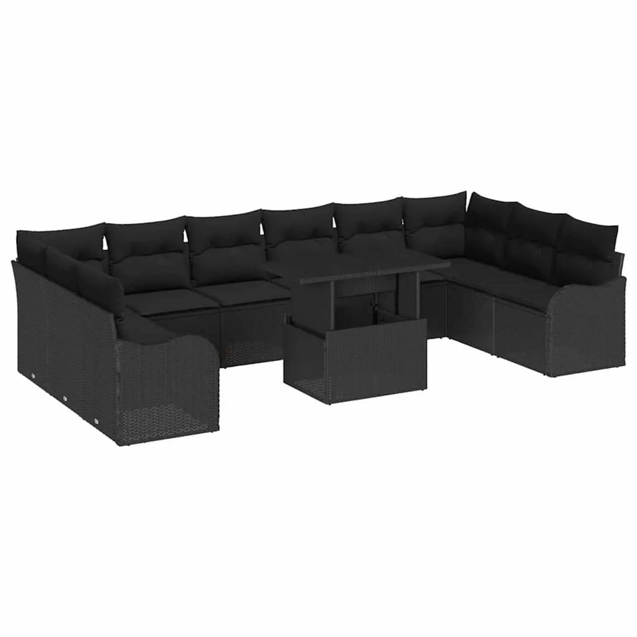 vidaXL Garten-Sofa-Set 11-teilig in Schwarz aus Poly-Rattan mit Kissen und Tisch in U-Form - Bild 2