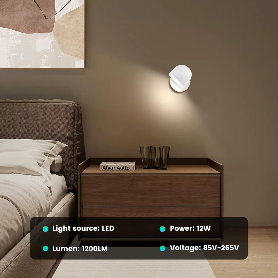 Moderne 12W LED Innen-Wandleuchte in Weiß mit Touch-Dimmfunktion, 3000K Warmweiß und drehbarem Design für Schlafzimmer und Wohnzimmer - Bild 2