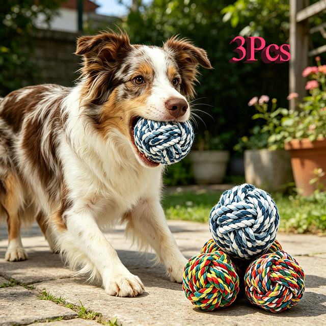 Holapet Hunde-Seilball-Spielzeuge, 3er-Pack, Bunte Geknotete Baumwollseil-Kauspielzeuge - Bild 1