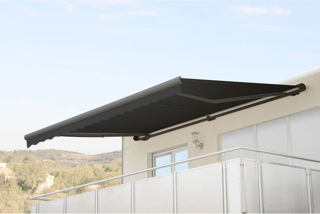 Elektrische Kassetten-Markise H123 mit Volant aus Polyester in Anthrazit Grau, B/T/H: 4,5 x 3 m - Bild 1