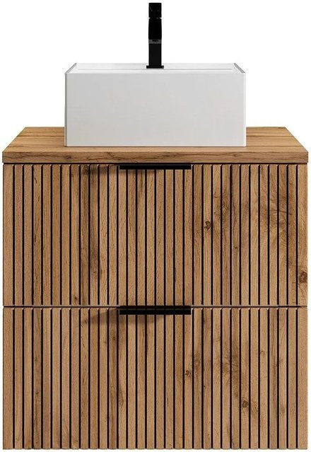 Vente-unique Einzelwaschtisch Madela in Schwarz und Naturfarben Hell mit Rillenoptik aus Keramik, B/T/H: 60 x 46 x 57 cm - Bild 1