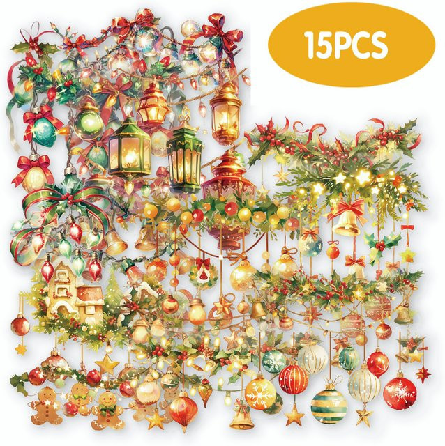 Etori Life 15 Stück Vintage Weihnachtslichter Aufkleber aus Papier in Multicolour für DIY Weihnachtsdekoration und Geschenkverpackungen - Bild 1
