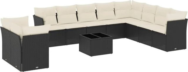 vidaXL 11-teilige Garten-Sofagarnitur in U-Form aus Polyrattan mit Kissen und Stauraum, Schwarz-creme - Bild 1