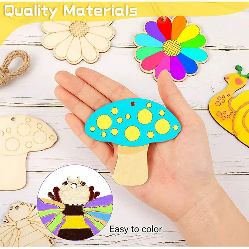10er Set Holz-Anhänger mit Blumen- und Tiermotiven für DIY-Malprojekte und Frühlingsdekorationen in Mehrfarben - Bild 1